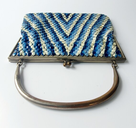 Art Deco vintage bag, blue and white enamel mesh,… - image 5