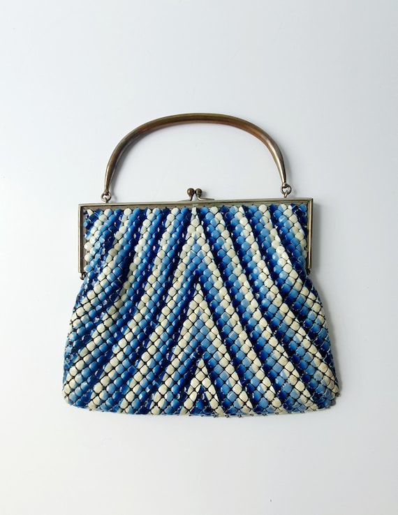 Art Deco vintage bag, blue and white enamel mesh,… - image 1