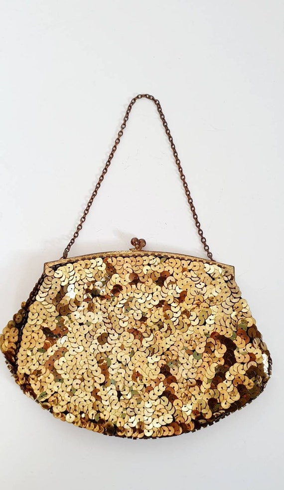 Brown Baguette bag crochet, vintage sequin bag, shimmer 90s - Inspire Uplift
