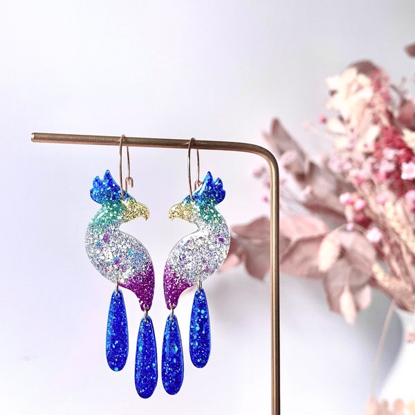 Boucles d'oreilles en résine -iridescent tropical perroquet hoop earrings-