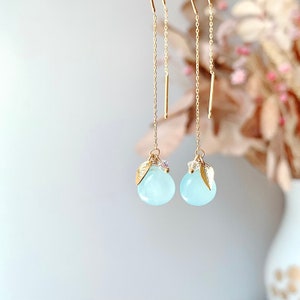 dangling chain earrings natural stone Blue Quartzite Jade with Swarovski pearls and a golden leaf