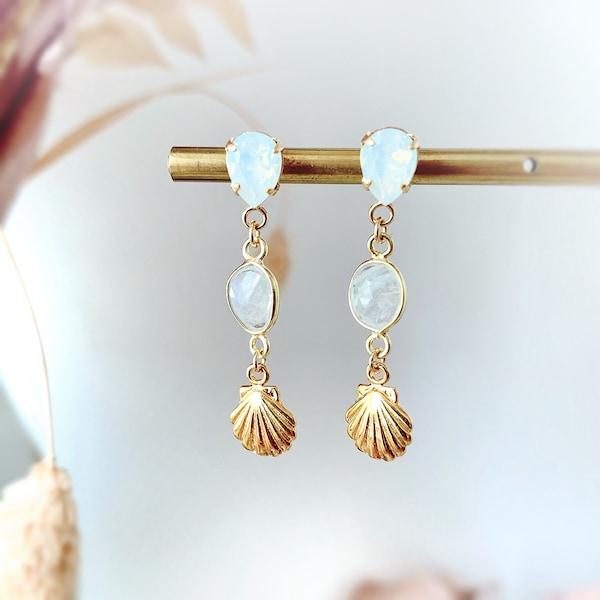 Boucles d’oreilles pierre de lune, Swarovski et coquillage en vermeil