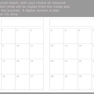 May include: Printed journal insert with a calendar layout for January. The calendar features a grid of blank boxes for each day of the month, with the word "January" at the top. The text "Printed journal insert...available on my shop" is at the top.