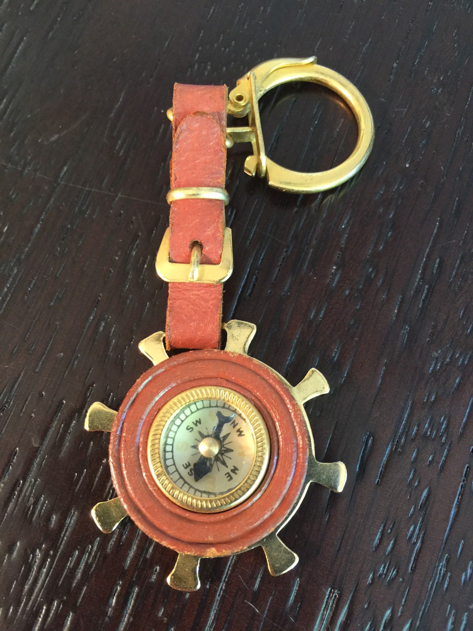 Vintage Keychain Charm Compass Leather Etsy