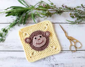 Crochet monkey square pattern // Monkey granny square motif // Crochet monkey afghan square // Blanket square // Crochet animal pattern