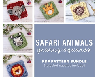 Safari animal square crochet patterns // safari granny squares // PDF crochet pattern bundle // Jungle blanket