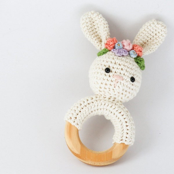 Crochet bunny teether pattern with flower crown // PDF pattern only // Crochet rabbit rattle // Cotton nursery toy // Floral crown pattern