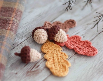 Padrão de folhas de carvalho e bolotas de crochê // Crochê de outono // Bolotas de amigurumi // Crochê da floresta // Padrão PDF