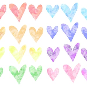 May include: Twenty-four watercolor hearts in a rainbow of colors, from pink to purple, blue to green, and yellow to orange. The hearts are painted in a loose, abstract style.