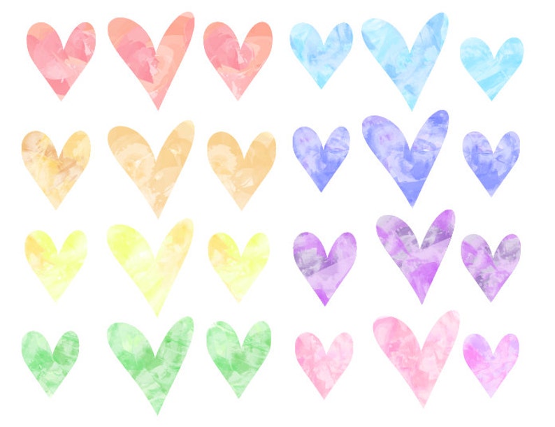 May include: Twenty-four watercolor hearts in a rainbow of colors, from pink to purple, blue to green, and yellow to orange. The hearts are painted in a loose, abstract style.