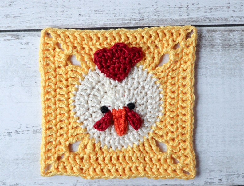 Crochet chicken square pattern // Chicken granny square motif // Crochet rooster afghan square // Farmyard blanket // Crochet animal pattern image 2
