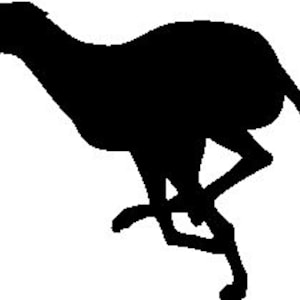 May include: Silhouette of a black greyhound dog running with its legs extended.