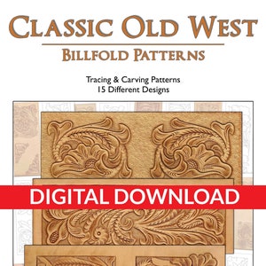 May include: A digital download of 15 different leather carving patterns for billfolds. The patterns are in a classic old west style. The image shows a few of the patterns, which are intricate and detailed. The text "CLASSIC OLD WEST BILLFOLD PATTERNS. JIM LINNELL/ELKTRACKS STUDIO" is at the bottom of the image.