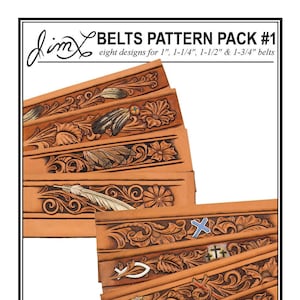 May include: A set of eight leather belt patterns for making belts in sizes 1 inch, 1 1/4 inches, 1 1/2 inches, and 1 3/4 inches. The patterns feature various designs including floral, feather, and religious motifs.