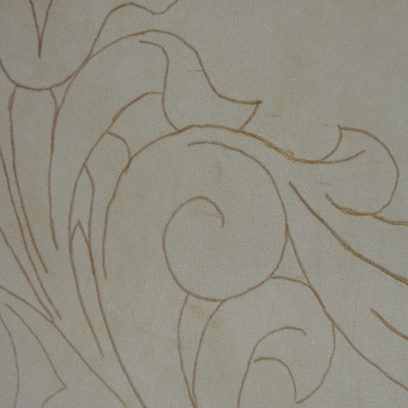 May include: Close-up of a beige surface with a detailed, swirling floral pattern in a warm brown color. The design features stylized leaves and scroll-like elements, creating a textured, decorative effect.