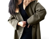 Vintage, 1950 39 s, 50 39 s, Olive-Green, Olive, Green, Fur-Collar, Lined, Overcoat, Coat