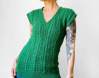 Vintage, 70s, 1970s, Leaf Green, Fitted, V-Neck, Pullover, Cable-Knit, Sweater, Vest - Sz. S