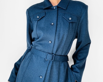Vintage, 70s, 1970s, Navy, Blue, Button-Front, Belted, Midi-Length, Long Sleeve, Collared, Shirt, Dress - S/M