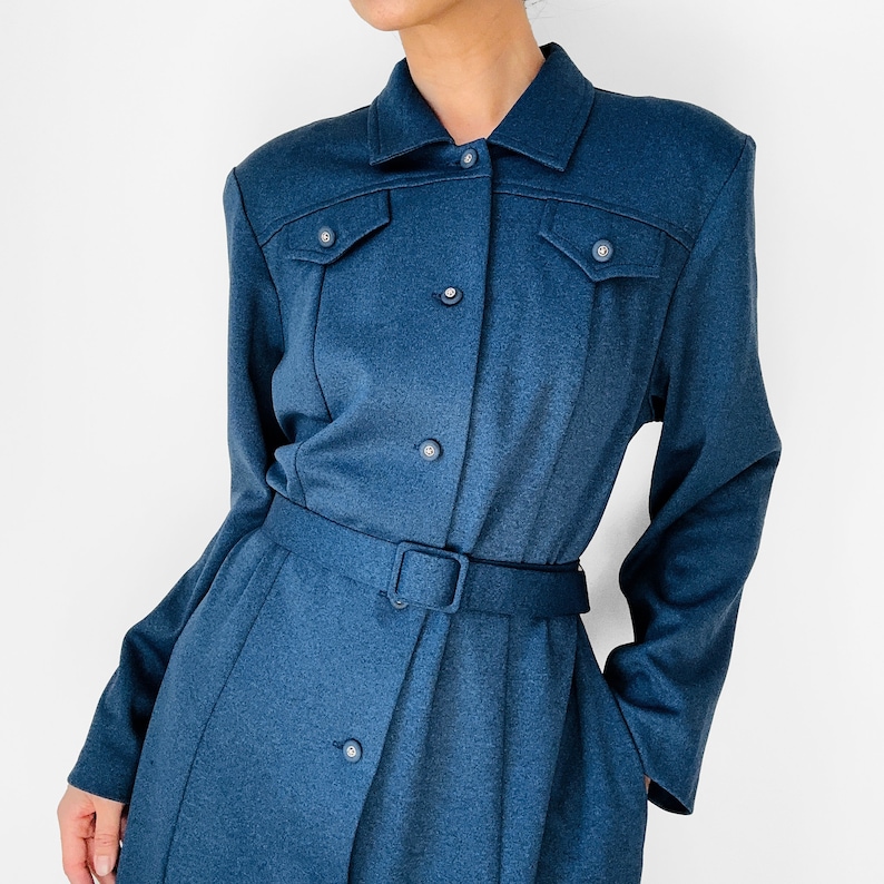 Vintage, 70s, 1970s, Navy, Blue, Button-Front, Belted, Midi-Length, Long Sleeve, Collared, Shirt, Dress S/M image 1