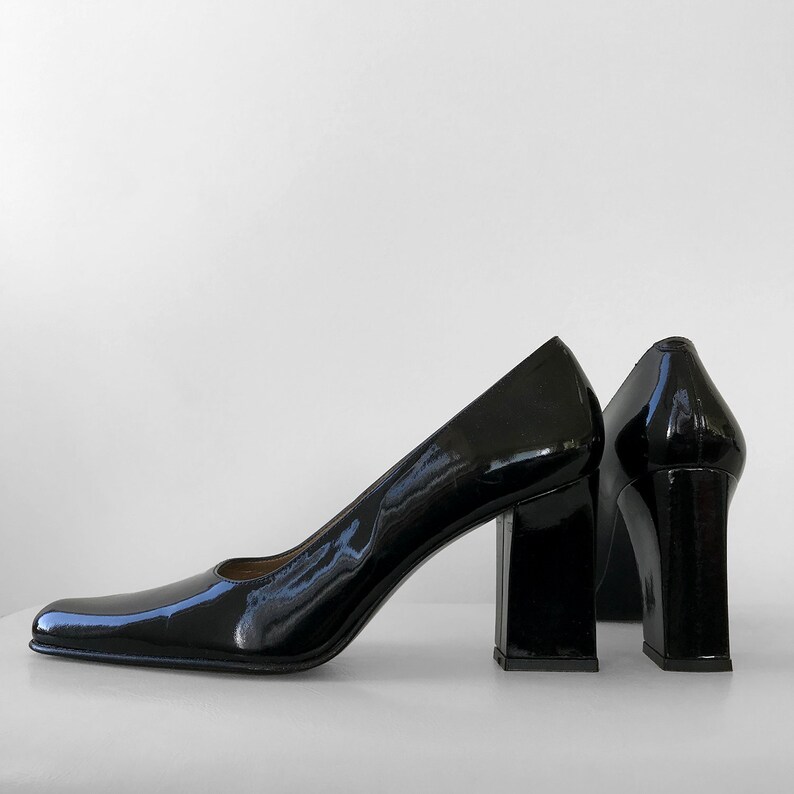 Chunky-Heel 90/'s Heeled Vintage Heels Shoe Black Shiny 1990/'s Leather Pumps Made in Spain