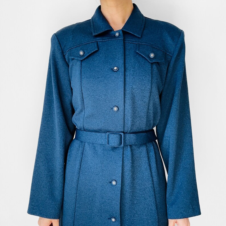 Vintage, 70s, 1970s, Navy, Blue, Button-Front, Belted, Midi-Length, Long Sleeve, Collared, Shirt, Dress S/M image 3