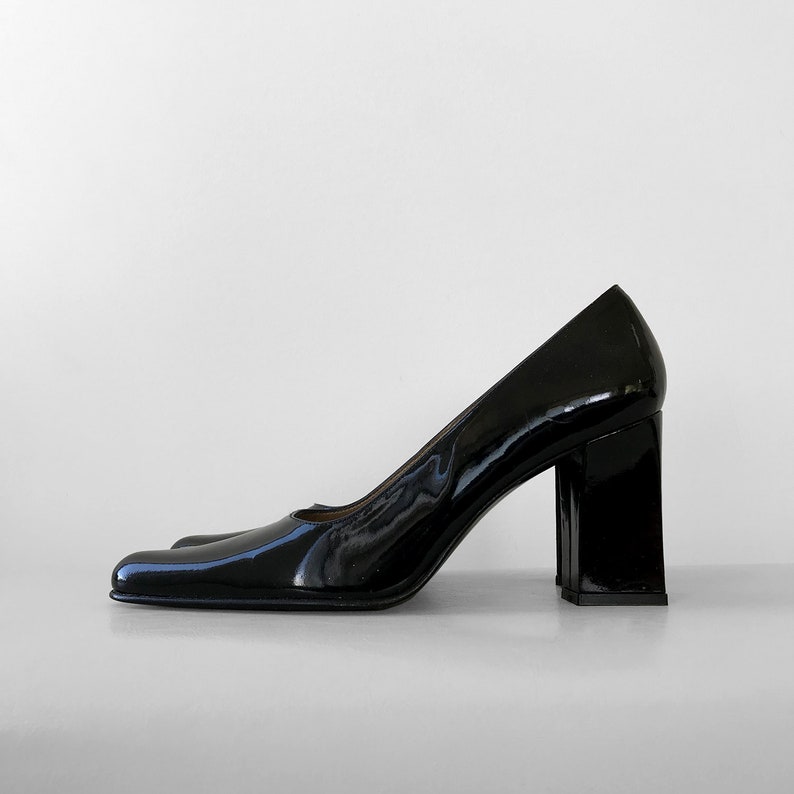 Chunky-Heel 90/'s Heeled Vintage Heels Shoe Black Shiny 1990/'s Leather Pumps Made in Spain
