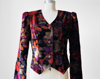 Vintage, 80s, 1980s, Black, Multi Coloured, Painterly, Textured, Velour, Crop, Jacket - Sz. S/M