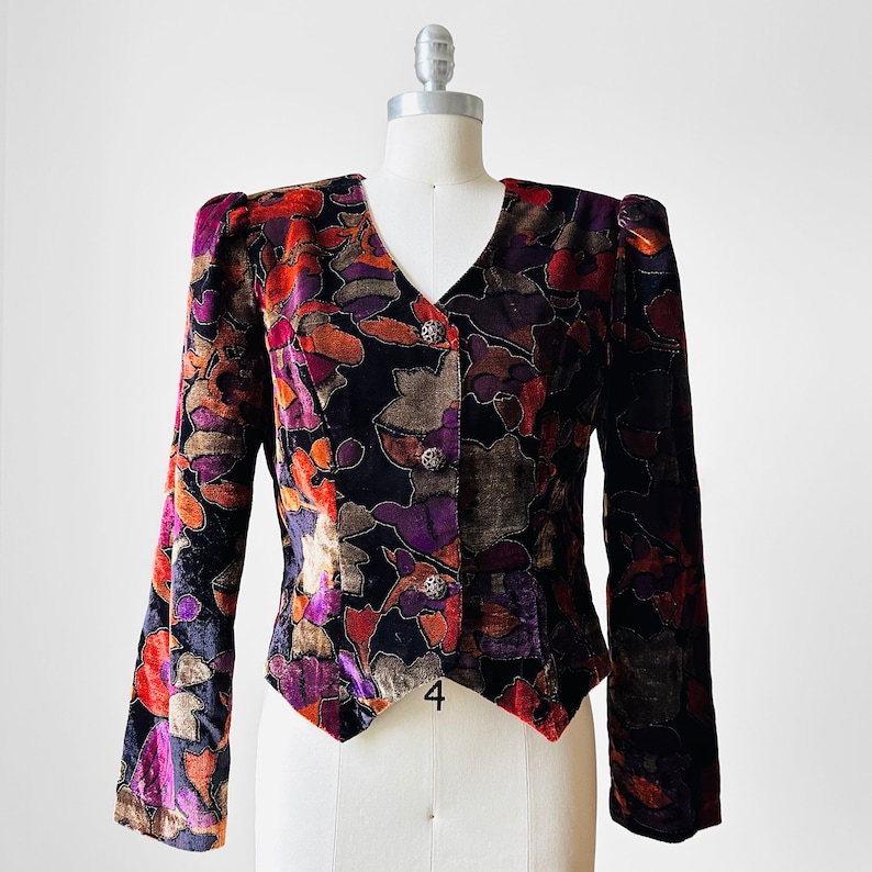 Vintage, 80s, 1980s, Black, Multi Coloured, Painterly, Textured, Velour, Crop, Jacket Sz. S/M image 1