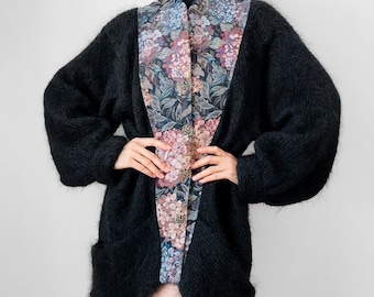 Vintage, 80s, 1980s, Black, Floral, Tapestry, Relaxed Fit, Mohair, Knit, Cardigan, Sweater - Sz. O/S