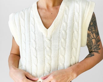 Vintage, 70s, 1970s, Cream, Soft, Cable-Knit, V-Neck, Relaxed Fit, Sweater, Vest