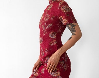 1960s, 60s, Vintage, Deep-Red, Floral, Silk-Satin, Patterned, High-Collar, Short-Sleeve, Asian-Inspired, Knee-Length, Tailored, Dress
