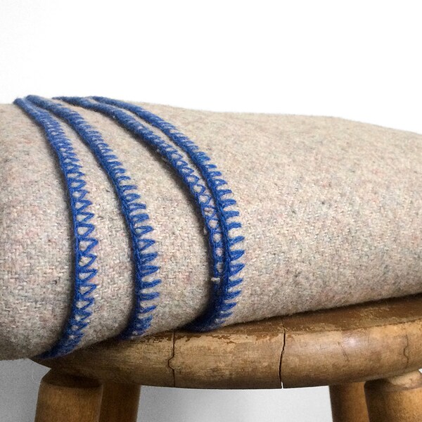 Vintage, Grey, Wool, Military, Camping, Blanket, Throw with Blue Stitch Trim