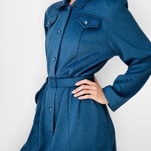 Vintage, 70s, 1970s, Navy, Blue, Button-Front, Belted, Midi-Length, Long Sleeve, Collared, Shirt, Dress S/M image 4