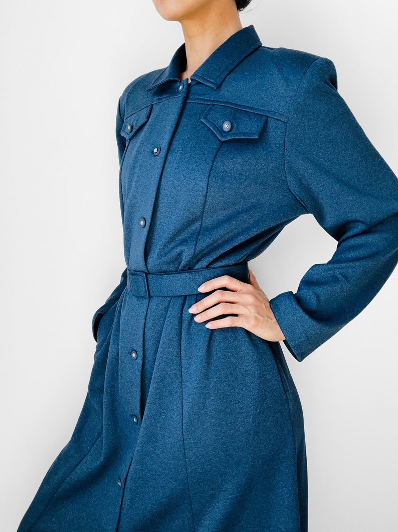 Vintage, 70s, 1970s, Navy, Blue, Button-Front, Belted, Midi-Length, Long Sleeve, Collared, Shirt, Dress S/M image 4