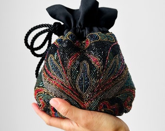 Vintage, 80s, 1980s, Drawstring, Beaded, Evening Bag, Pouch