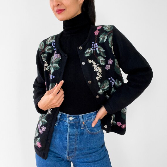 Vintage, Black, Floral, Embroidered, Button-Front,