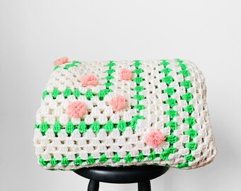 Vintage, Pink, Green, White, Heavy, Handmade, Hand-Knit, Knit, Crochet, Flower, Floral, Blanket, Throw