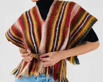 Vintage, 1970s, 70s, Camel, Alpaca, Wool, Stripe, Multi-Coloured, Fringed-Edge, Crop, Poncho, Shawl