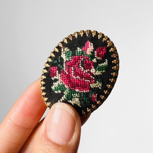 Vintage, 50s, 1950s, Oval, Roses, Petit Point, Brooch, Pin image 1