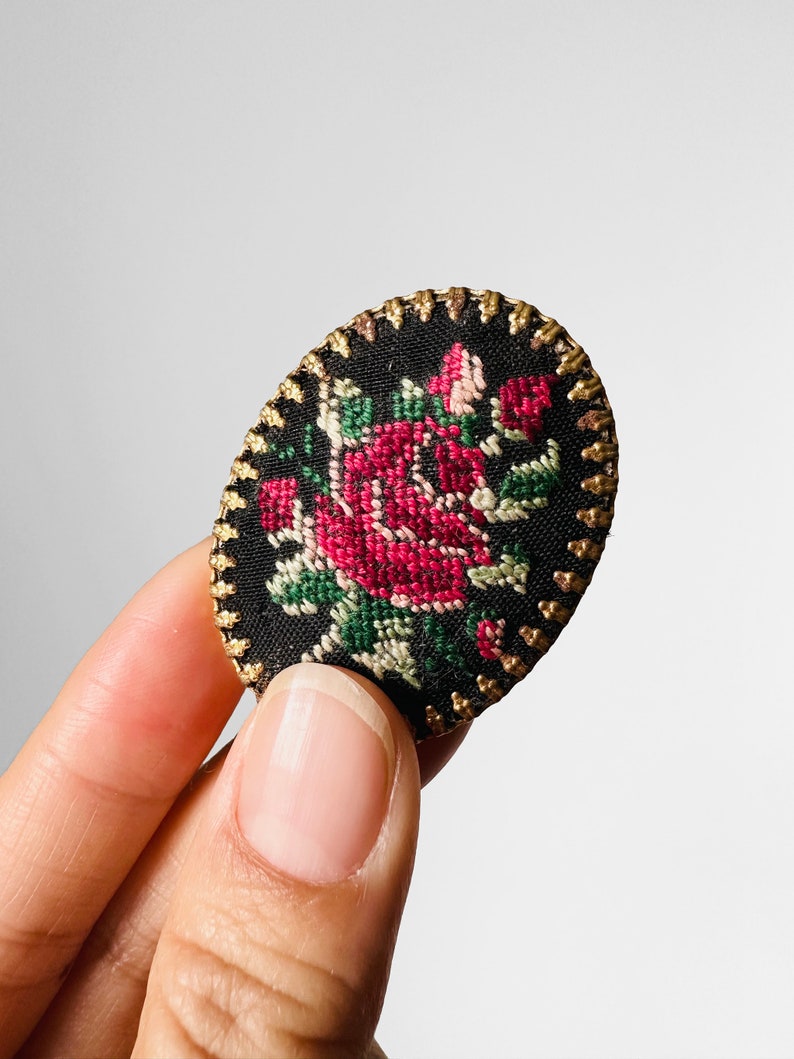 Vintage, 50s, 1950s, Oval, Roses, Petit Point, Brooch, Pin image 1