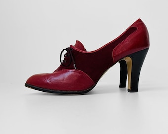 Vintage, 60s, 1960s, Cherry, Red, Lace-Up, Leather, Suede, High-Heeled, Shoes - Sz. 9.5M