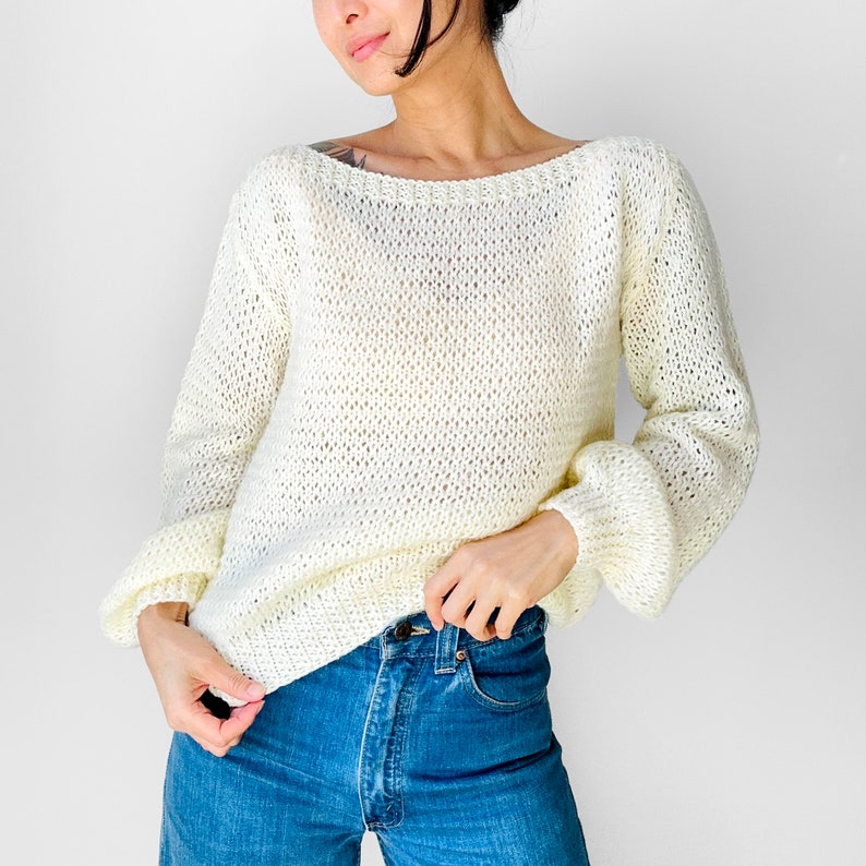 Vintage, 70s, 80s, Butter Cream, Long Sleeve, Boatneck, Acrylic, Knit, Top Sz. S image 7