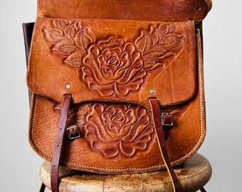 Vintage, 60s, 70s, Amber, Tan, Well-Worn, Floral, Tooled, Leather, Saddlebags