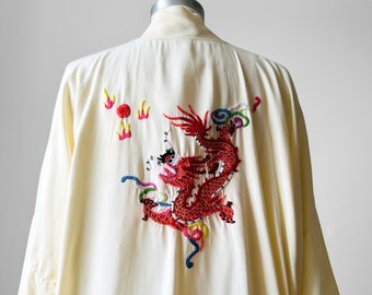Vintage, 80s, 1980s, Cream, Dragon, Embroidered, Robe - Sz. O/S