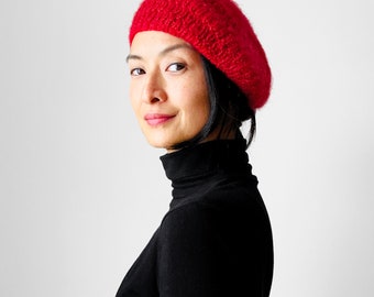 Vintage, 70s, 1970s, Soft, Berry, Red, Wool Blend, Knit, Beret