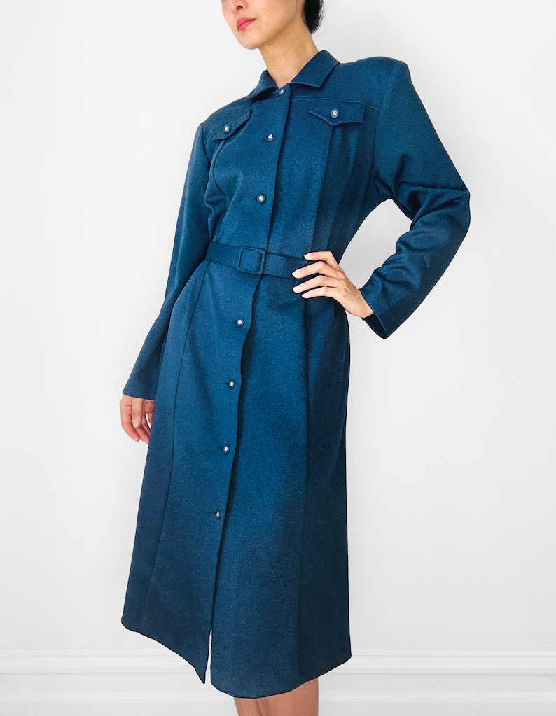 Vintage, 70s, 1970s, Navy, Blue, Button-Front, Belted, Midi-Length, Long Sleeve, Collared, Shirt, Dress S/M image 6