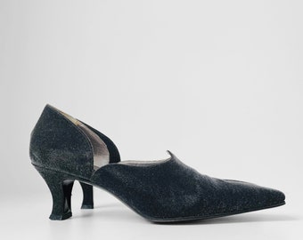 Vintage, 80s, 1980s, Joan Helpern, Charcoal, Velvet, Low Heel, Slip-On, Shoes - Sz. 8M