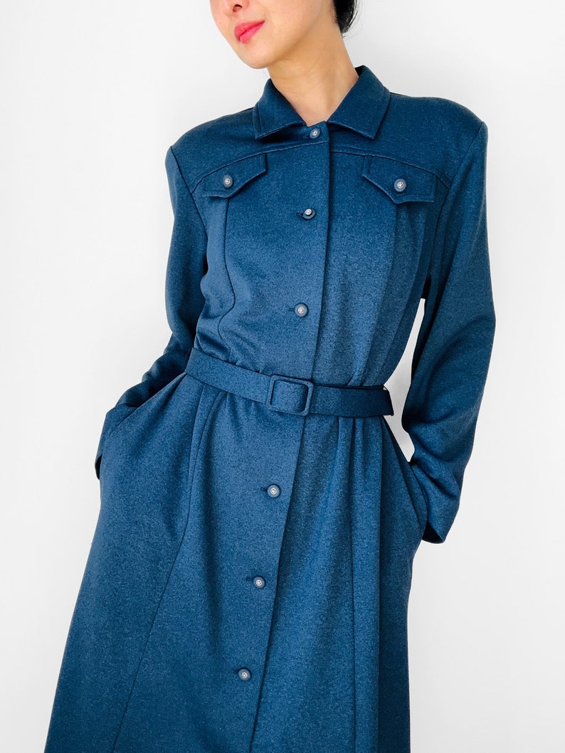 Vintage, 70s, 1970s, Navy, Blue, Button-Front, Belted, Midi-Length, Long Sleeve, Collared, Shirt, Dress S/M image 9