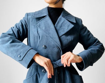 Vintage, 70s, 1970s, Slate Blue, Belted, Double-Breasted, Micro Suede, Trench, Coat - Sz. S