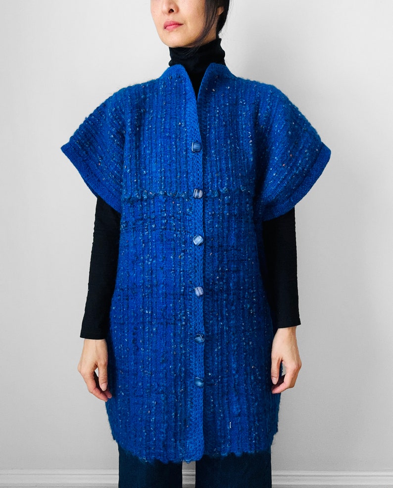 Indigo, Blue, Heavy, Loomed, Wool, Button, Front, Sleeveless, Tunic, Knit, Sweater, Cardigan image 3